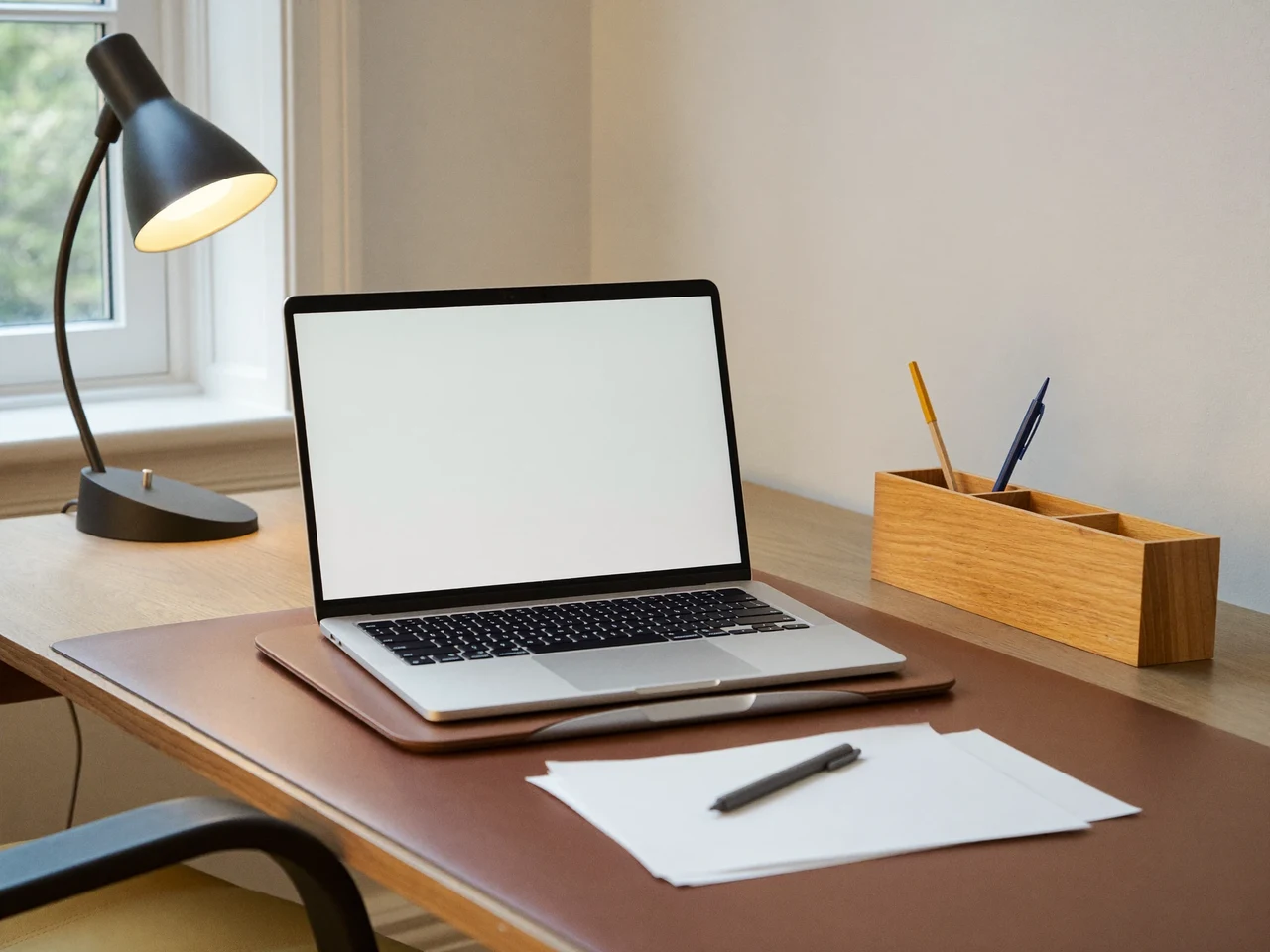 Aufgeräumter Heimarbeitsplatz mit Laptop, Unterlage, Holzorganizer und kleiner Lampe im Tageslicht