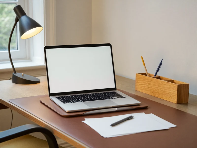 Aufgeräumter Heimarbeitsplatz mit Laptop, Unterlage, Holzorganizer und kleiner Lampe im Tageslicht