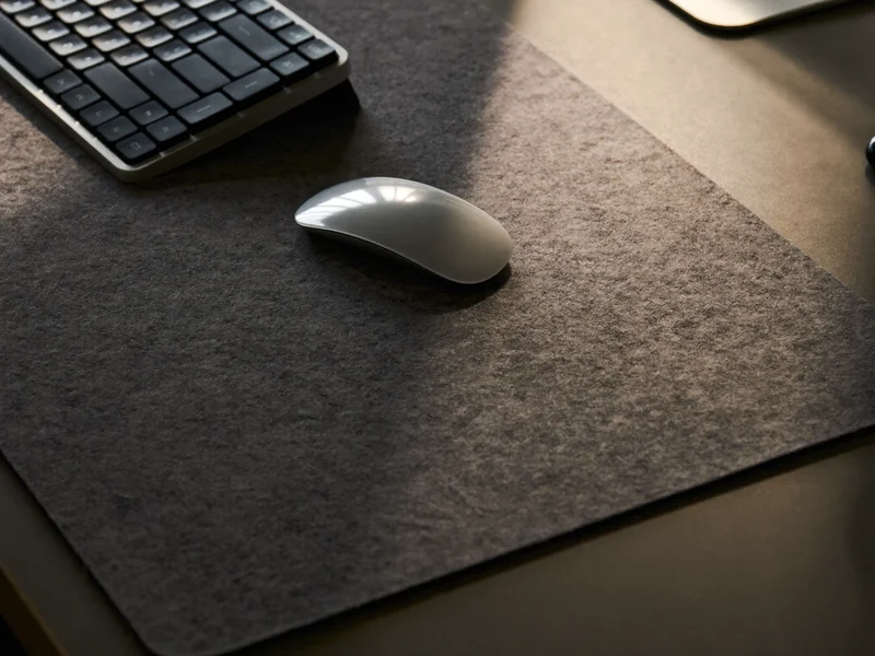 Grosse Filzunterlage mit Tastatur und kabelloser Maus, diagonal von oben gesehen