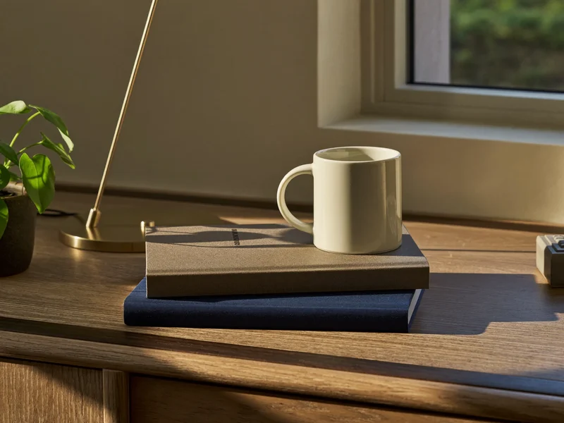 Arbeitsecke mit Pflanze, Keramiktasse, Lampe und Notizbüchern am Fenster im Nachmittagslicht