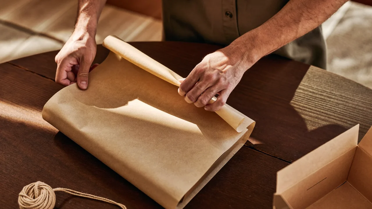 Hände verpacken einen Organizer in schlichtes Kraftpapier mit Schnur neben einem Karton