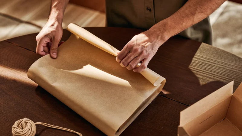 Hände verpacken einen Organizer in schlichtes Kraftpapier mit Schnur neben einem Karton